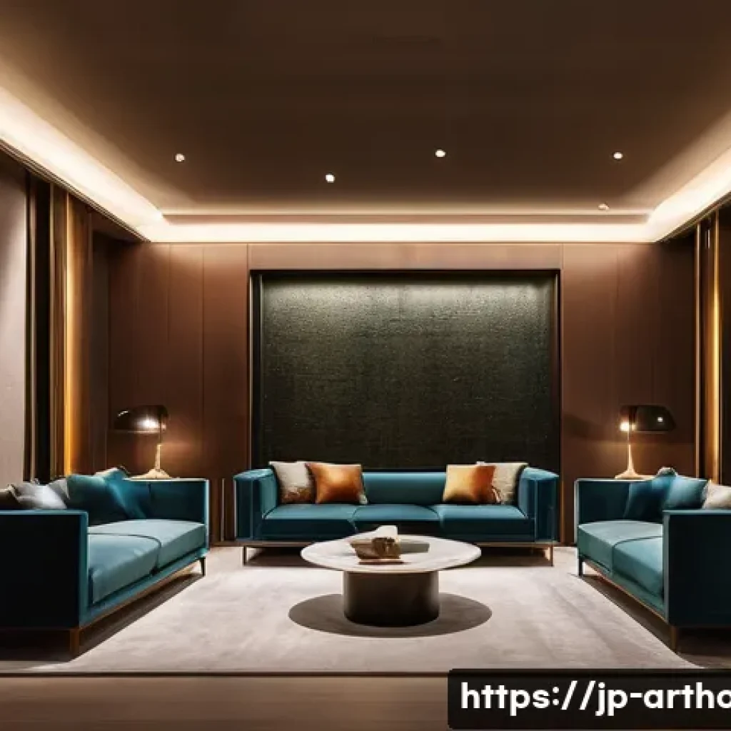 아트호텔 디자인 요소 조명 가구 등 - **A captivating art hotel lobby bathed in the soft, warm glow of indirect lighting during the evenin...