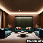 아트호텔 디자인 요소  조명 가구 등 - **A captivating art hotel lobby bathed in the soft, warm glow of indirect lighting during the evenin...