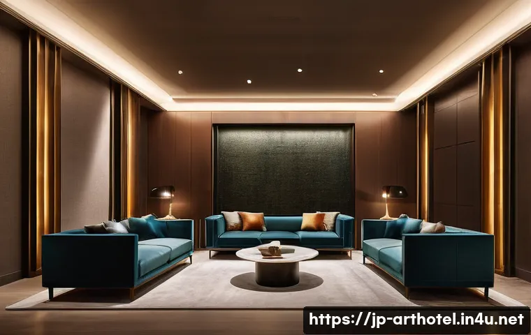 아트호텔 디자인 요소  조명 가구 등 - **A captivating art hotel lobby bathed in the soft, warm glow of indirect lighting during the evenin...