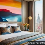 미술과 숙박이 결합된 아트호텔 - A serene and luxurious modern art hotel room in the soft morning light. Large, abstract paintings in...