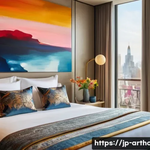 미술과 숙박이 결합된 아트호텔 - A serene and luxurious modern art hotel room in the soft morning light. Large, abstract paintings in...