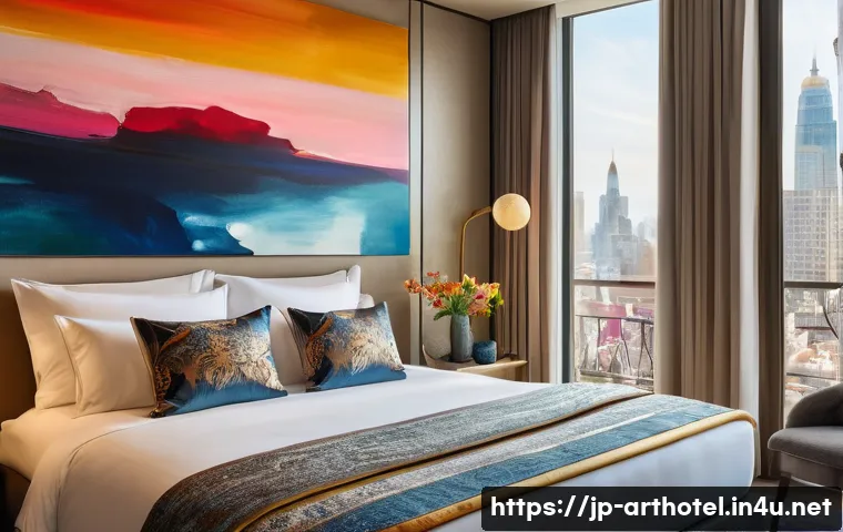 미술과 숙박이 결합된 아트호텔 - A serene and luxurious modern art hotel room in the soft morning light. Large, abstract paintings in...