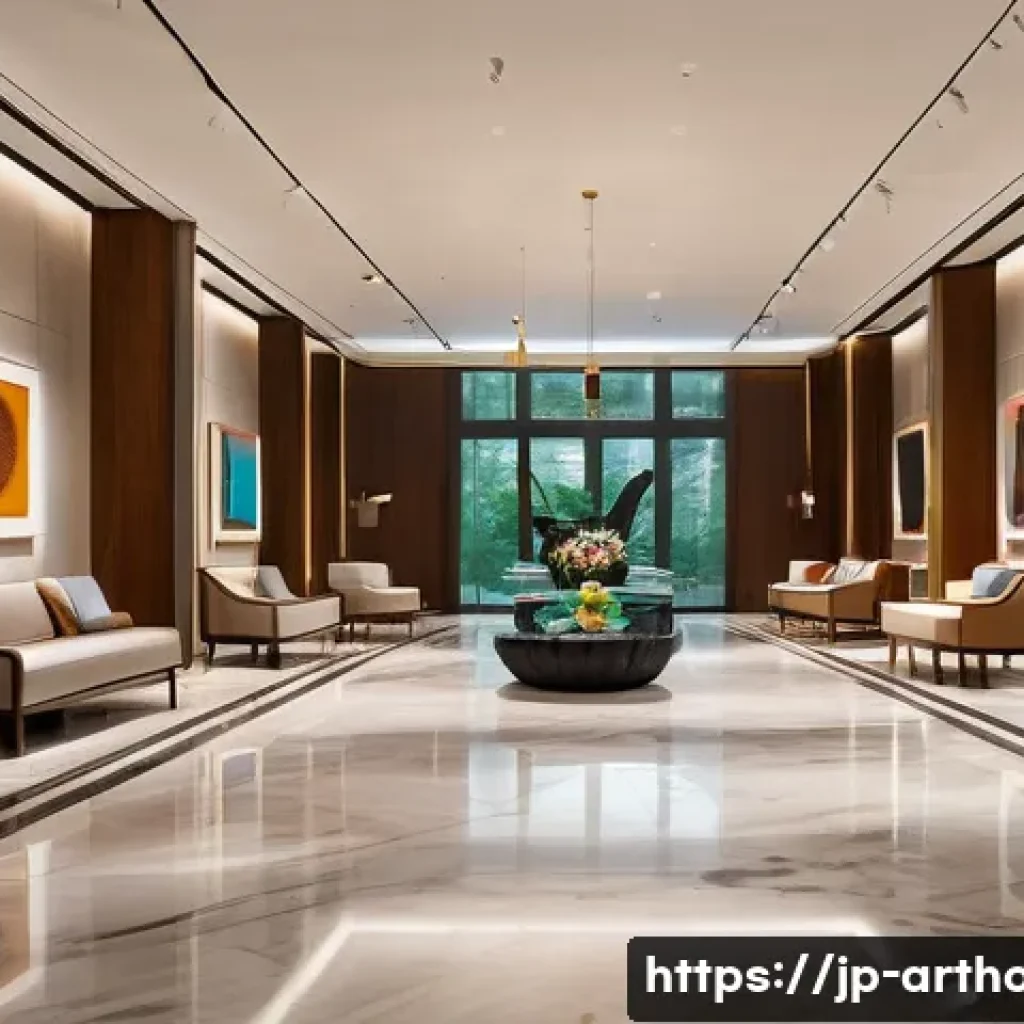 아트호텔 객실 별 예술 작품 소개 - **Prompt:** A grand, museum-like lobby of a luxurious art hotel, bathed in soft, sophisticated light...