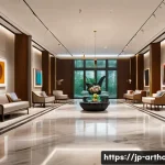 아트호텔 객실 별 예술 작품 소개 - **Prompt:** A grand, museum-like lobby of a luxurious art hotel, bathed in soft, sophisticated light...