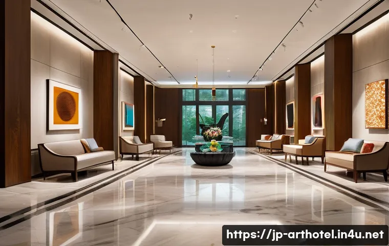 아트호텔 객실 별 예술 작품 소개 - **Prompt:** A grand, museum-like lobby of a luxurious art hotel, bathed in soft, sophisticated light...