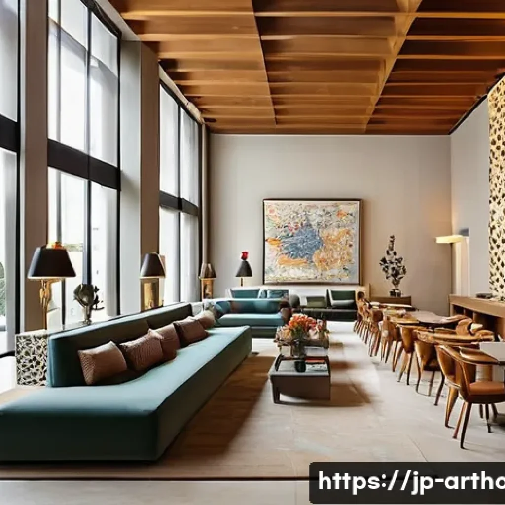 아트호텔의 독특한 건축물 - **Prompt 1: Grand Art Hotel Lobby**
A wide shot of a magnificent art hotel lobby, designed with ...