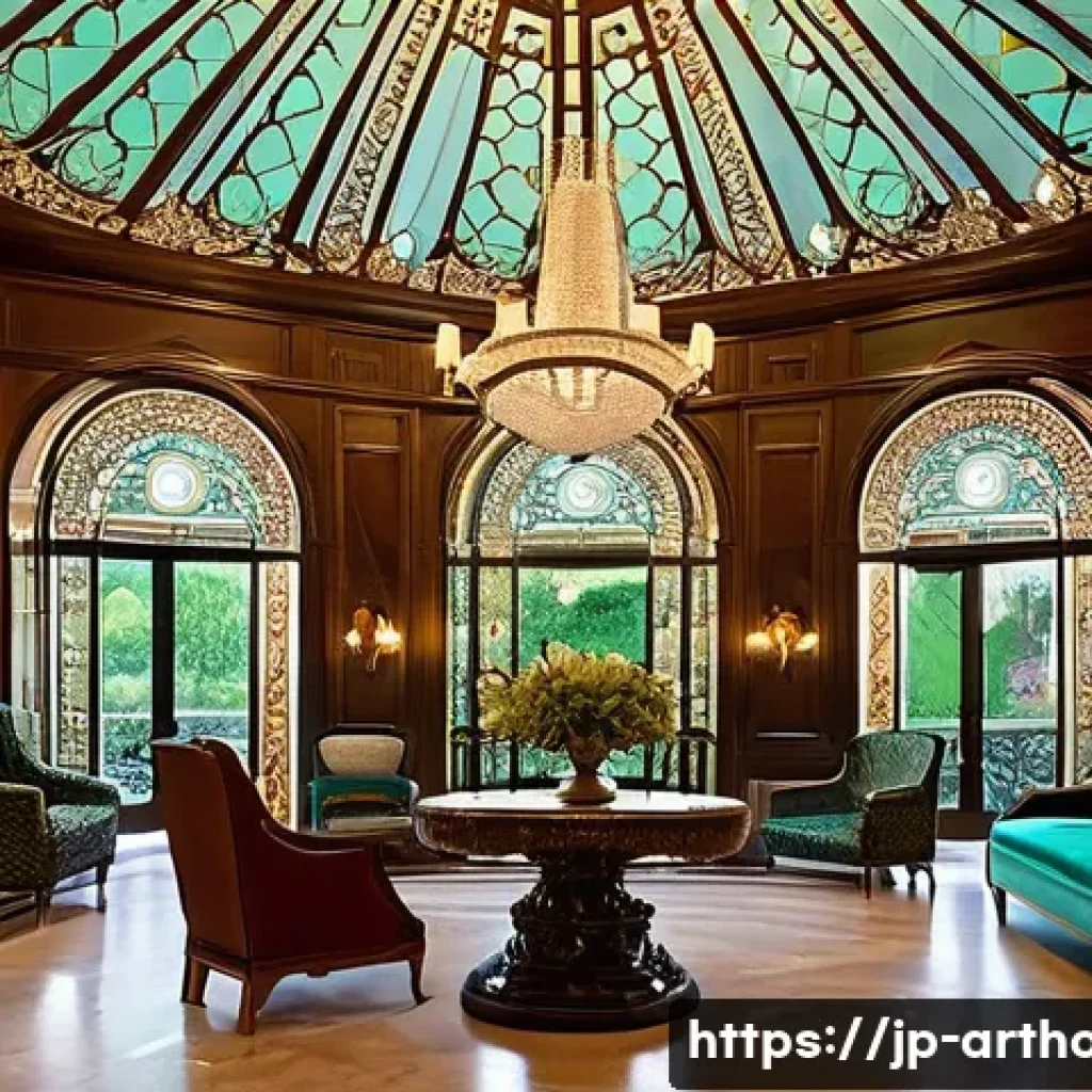 아트호텔 역사적 배경 - **"Art Nouveau Opulence: Grand Hotel Lobby"**
A luxurious and grand hotel lobby, richly decorate...